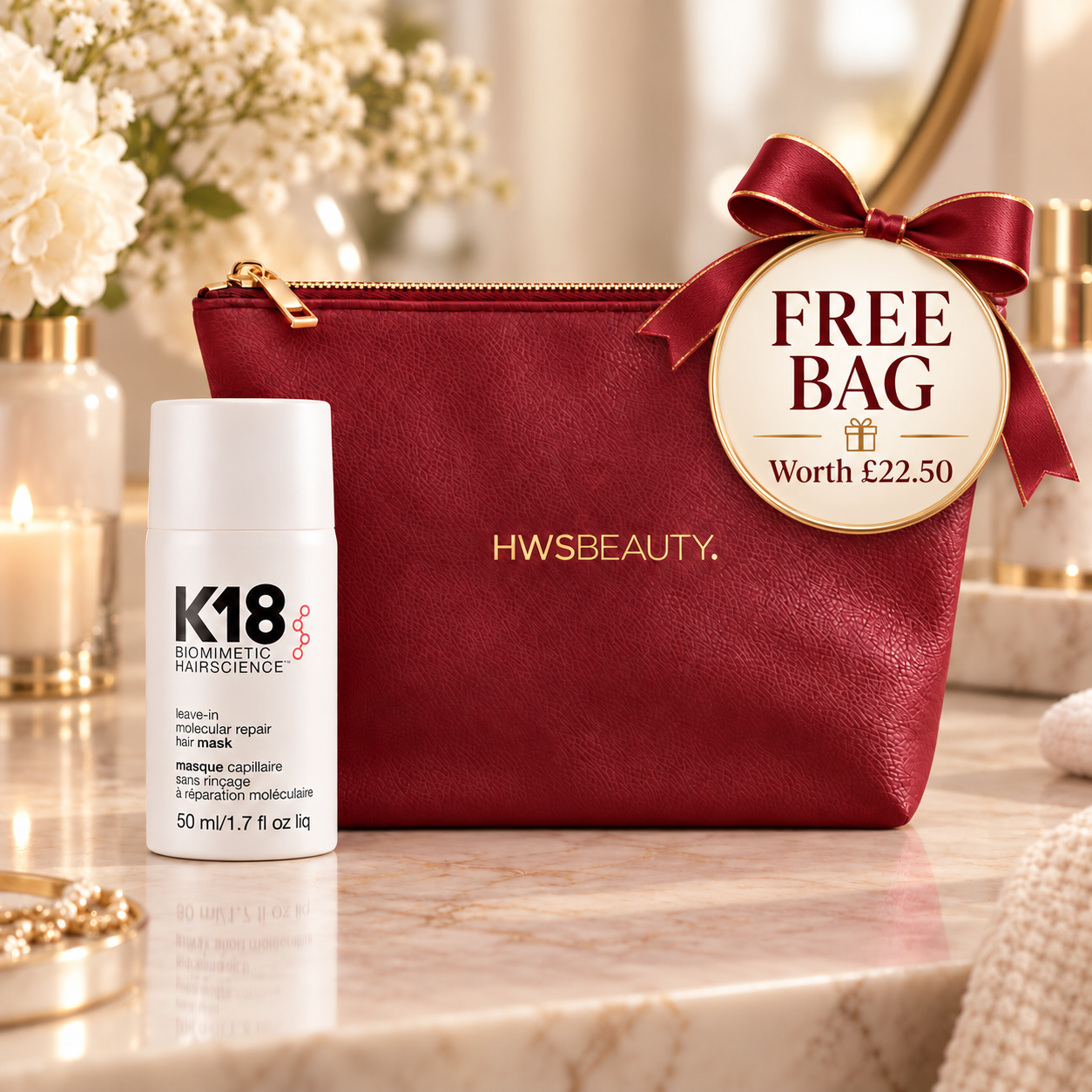 K18 Leave-in Molecular Repair Hair Mask 50ml + Free HWS Beauty Cosmetic Bag